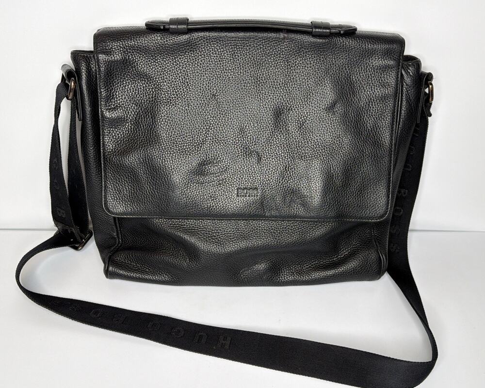 Hugo Boss Genuine Black Leather Laptop Messenger Bag Luxury Work Crossbody Satch